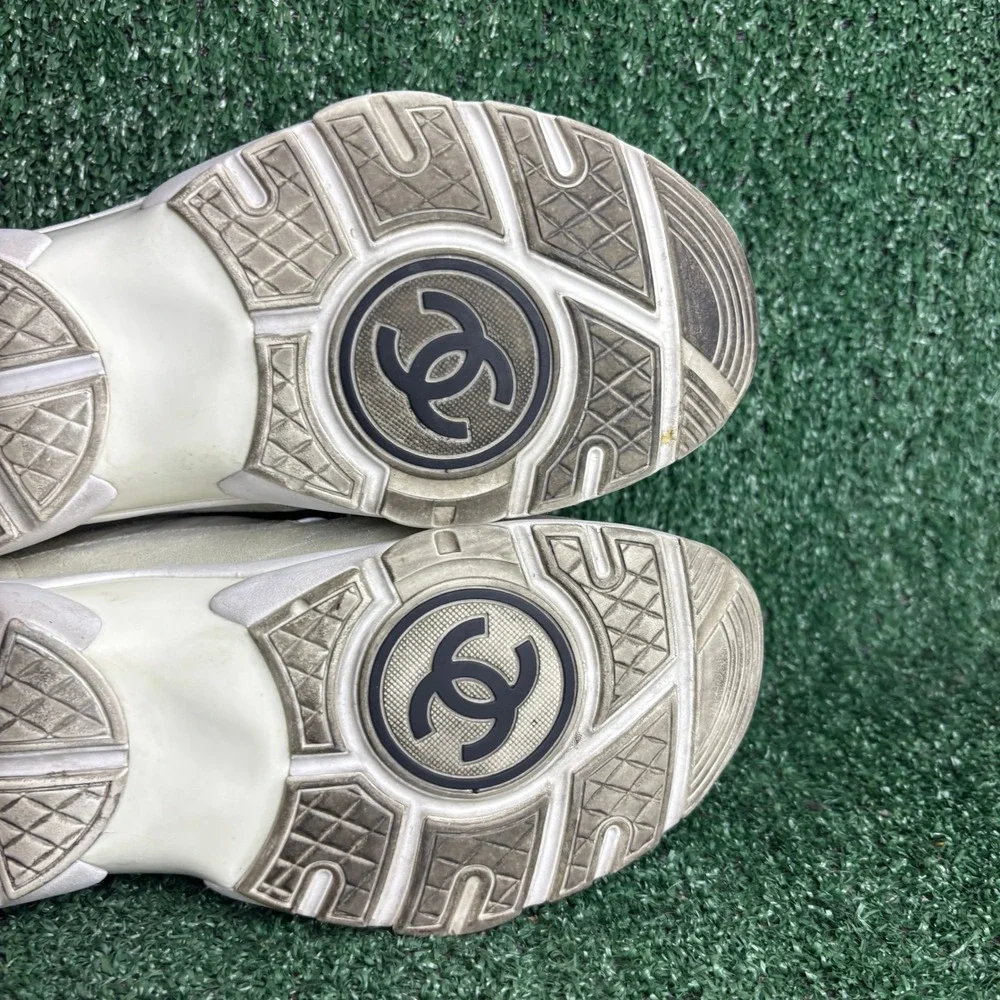 Chanel CC Logo Low Top Suede Nylon Chunky Dad Lifestyle Sneakers White Women 9.5